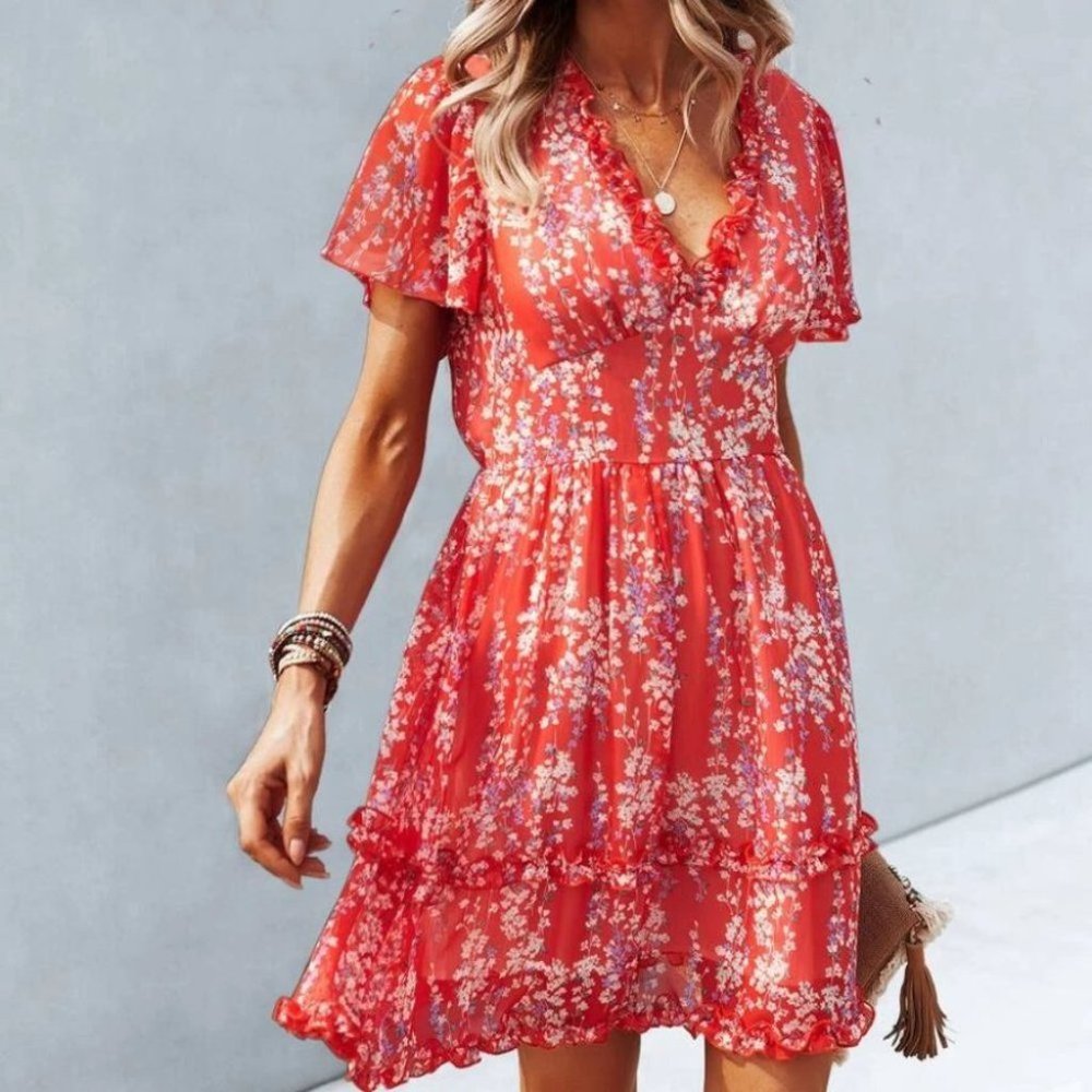 Red Cottagecore Boho Floral Print Frill Trim Dress - Picture 2 of 6